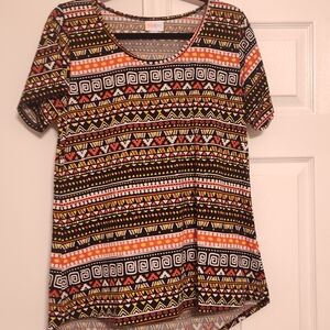 LuLaRoe Multicolor Geometric/Aztec Print Short Sleeve Top Size Large.